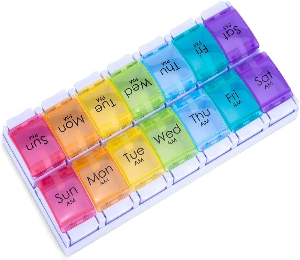 7 Day AM PM Pill Organizer, Moisture-Proof Design and Large Compartments to Hold Vitamins,Fish Oil,Supplements, Weekly Pill Box/Cases, Daily Medicine Dispenser (14 Compartments No Alarm)