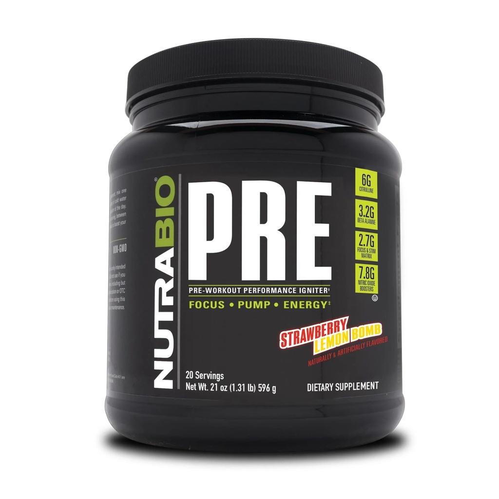 NutraBio PRE Workout Powder - Old Formula- Sustained Energy, Mental Focus, Endurance - Beta Alanine, Creatine, Caffeine, Electrolytes - 20 Servings - Strawberry Lemon Bomb
