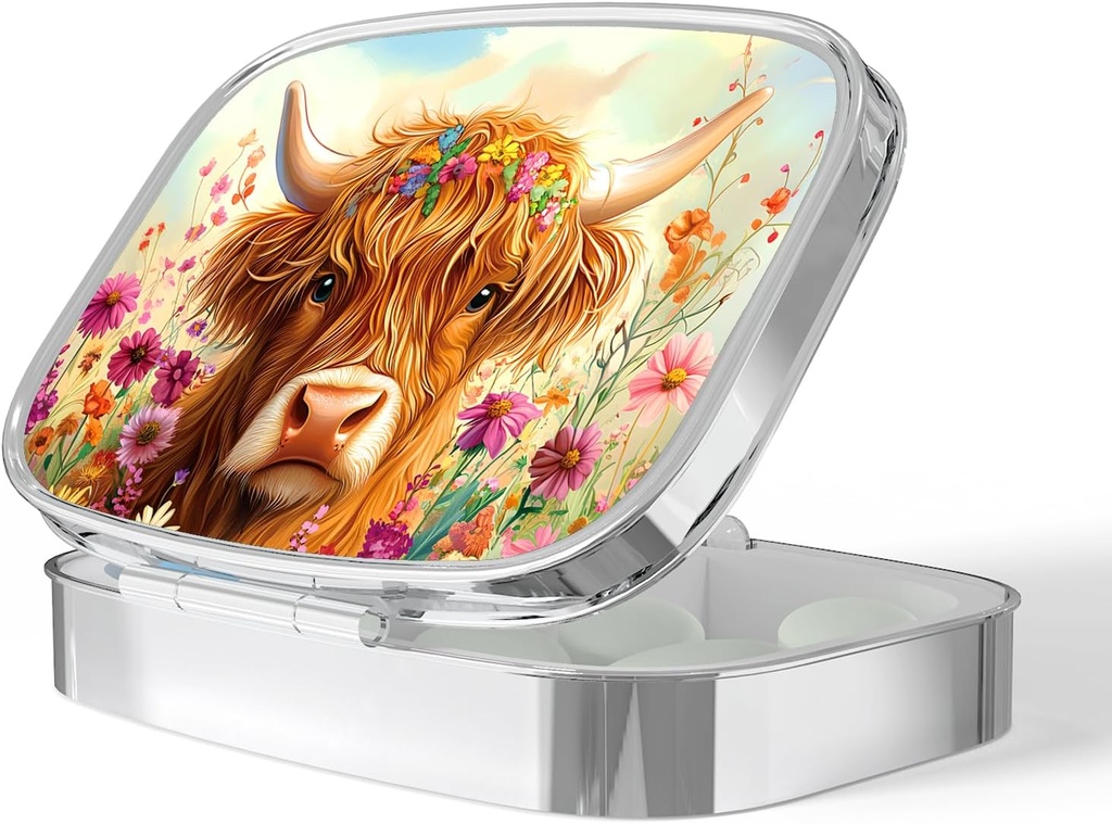 Pill Box for Purse Small Pill Case Decorative Pill Container Pill Holder to Hold Supplements, Vitamins, Fish Oil, BPA-Free(Highland Cow)