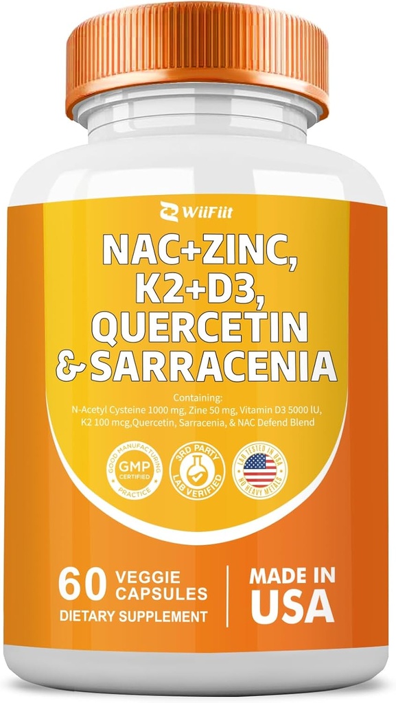 NAC Supplement N-Acetyl Cysteine NAC 1000mg Zinc Blend 50mg k2 100mcg Vitamin D3 5000 IU N-Acetyl Cysteine 1000mg Quercetin 1000mg Sarracenia Purpurea 1000mg L-Lysine Supplement, 60 Count