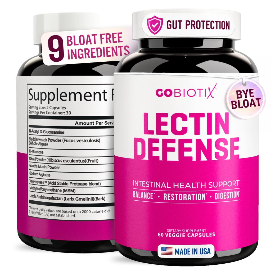GOBIOTIX Lectin Defense - Lectin Blocker Supplement for Leaky Gut with MSM and Digestive Enzymes - Aids in Intestinal Health for Women and Men - Non-GMO + Gluten Free - 60 Capsules (1)