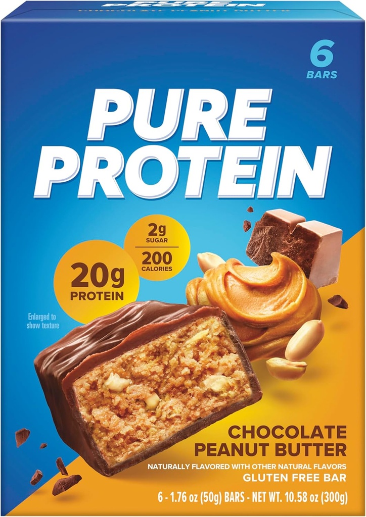 Pure Protein Bars, High Protein, Nutritious Snacks to Support Energy, Low Sugar, Gluten Free, Chocolate Peanut Butter, 1.76 Oz (Pack of 6)