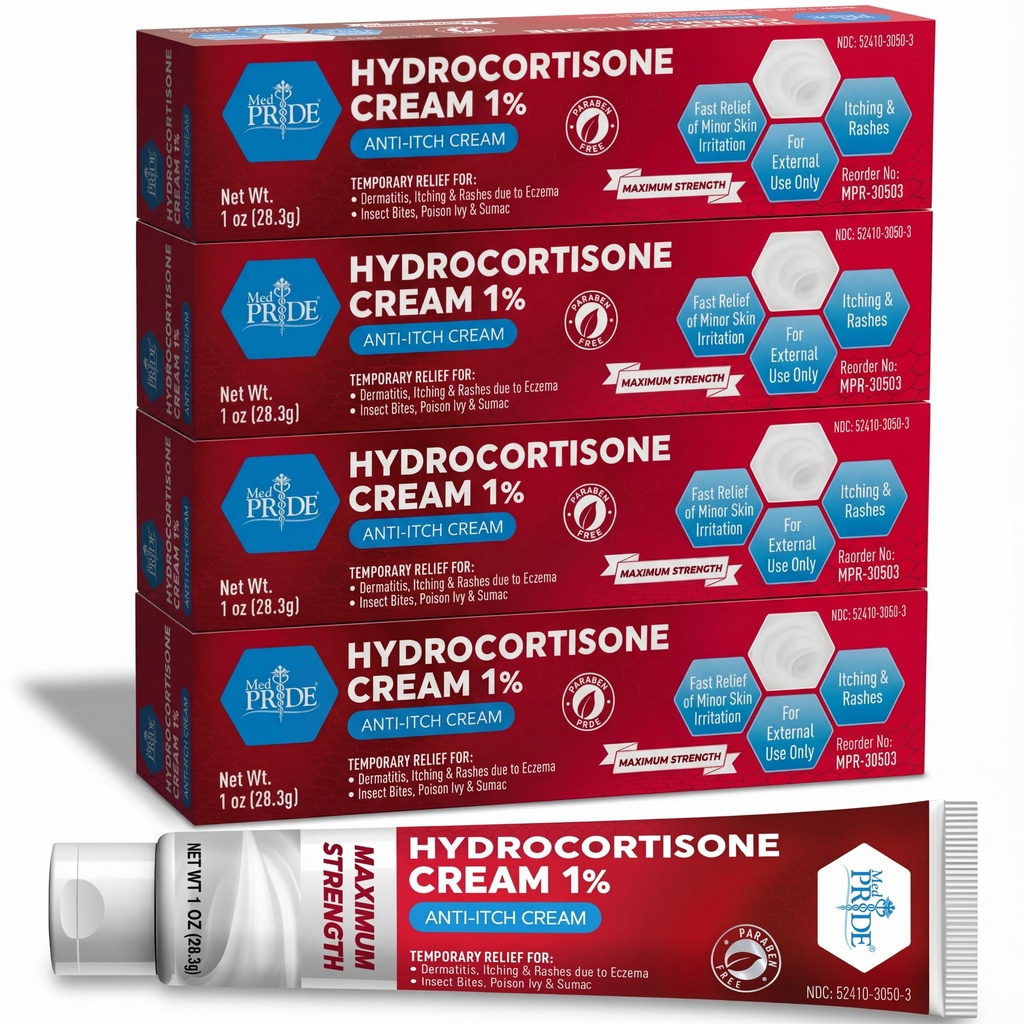 MED Pride Hydro Cortisone (Hydrocortisone) Cream 1% OTC Bulk Pack of 4 X 1 Oz Anti-Itch Ointment for Rash, Eczema, Bug Bites