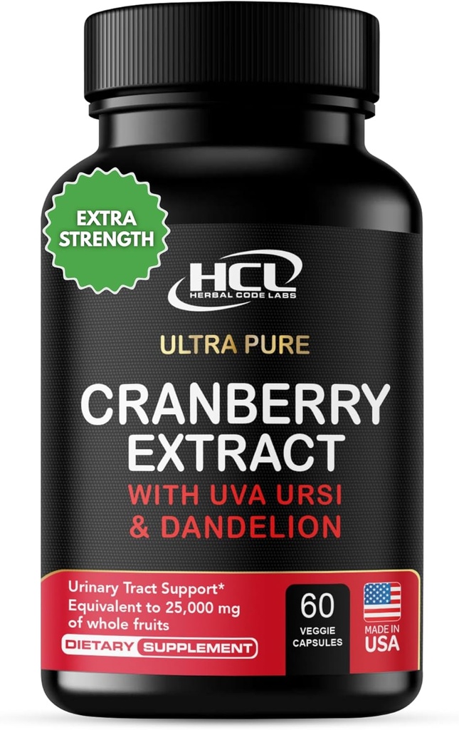 Cranberry Extract Pills - Super Strength 50:1 Whole Fruit Concentrate Equals to 25,000mg of Fresh Cranberries Plus Dandelion & Uva Ursi - Natural UTI Support - Kidney Cleanse & Urinary Tract Health