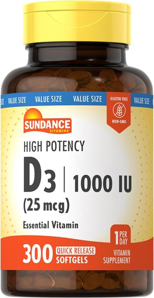 Sundance Vitamin D3 1000 IU | 300 Softgels | High Potency | Essential Vitamin Formula | Non-GMO and Gluten Free Supplement