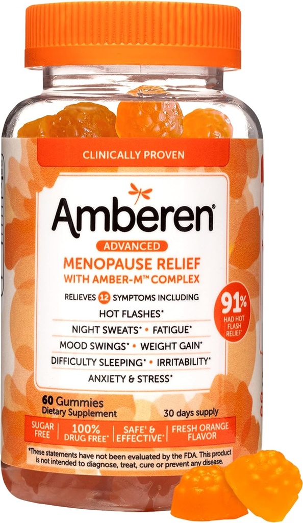 Amberen Menopause Supplements for Women, Multi-Symptom Relief, Vitamin E & Unique Amberen Compound, Helps Support Hormone Balance, Hot Flashes & Night Sweats, Sugar Free, Orange Flavor, 60 Gummies
