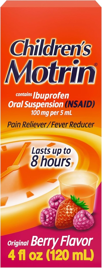 Children's Motrin Oral Suspension Medicine, 100 mg Ibuprofen, Kids Fever Reducer & Pain Reliever for Minor Aches & Pains Due to Cold & Flu, Alcohol-Free, Berry Flavored, 4 fl. oz