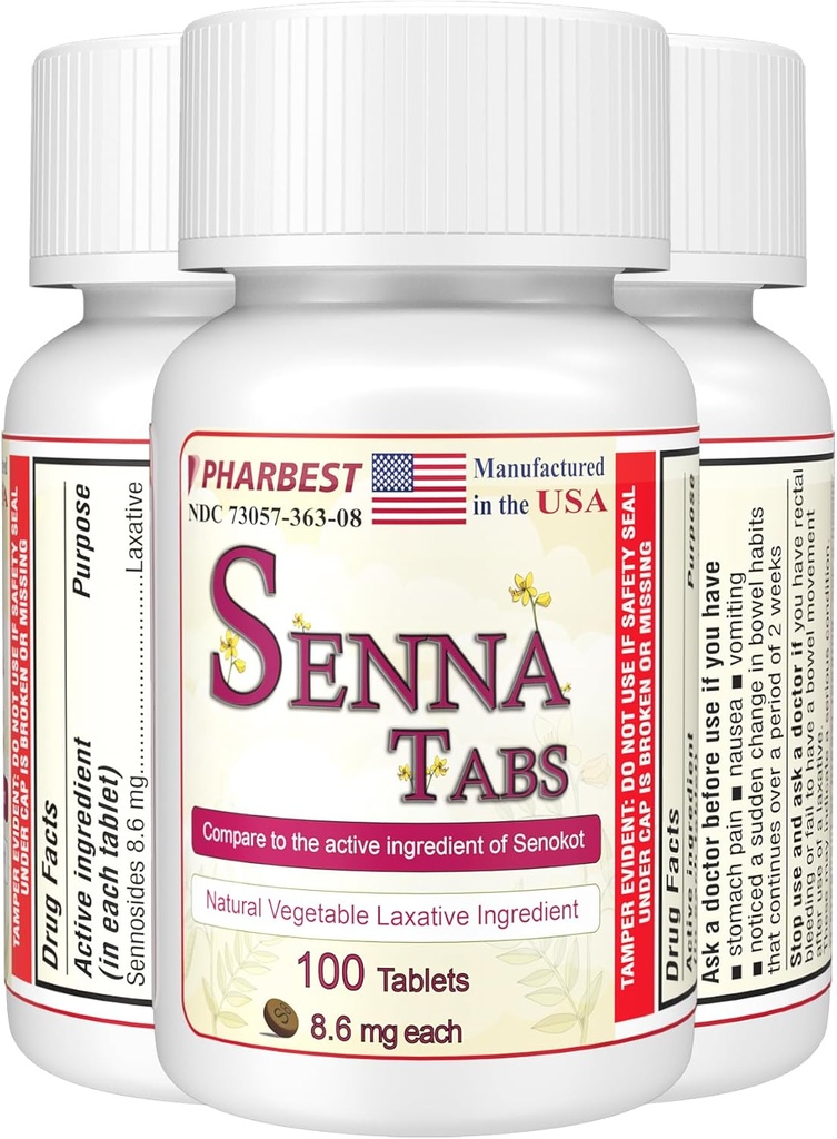 Senna Tablets 100 Ct. | Natural Vegetable Laxative [Made in USA] | Laxatives for Constipation, Colon Cleanser, Detox Cleanse, Constipation Relief for Adults Kids 8.6mg, Stool Softener Plus (1 Bottle)