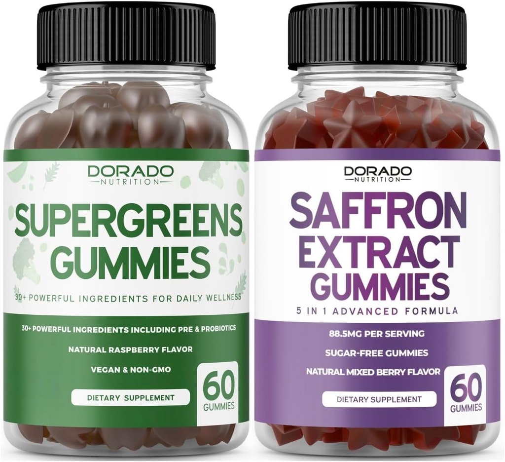Supergreens Gummies (60 Count) - Superfood for Immunity Support for Adults and Saffron Supplements (60 Gummies) Sugar Free 5 in 1 Advanced Formula - Non GMO - Non GMO, Vegan Safe & USA Made