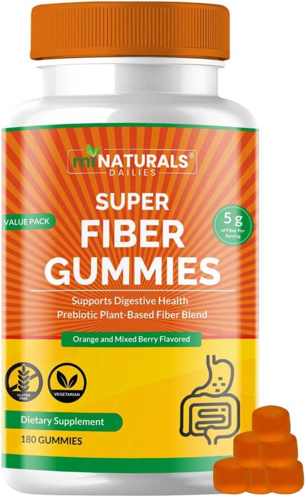 Prebiotic Fiber Supplement Gummies | Value Pack - 180 ct | 5 g per Gummy | Plant Based Digestive Gut Cleansing | Orange & Mixed Berry