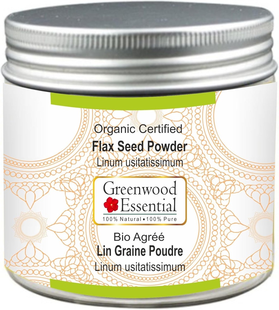Greenwood Essential Pure Flax Seed Powder (Linum usitatissimum) Organic Certified 100gm (3.5 oz)