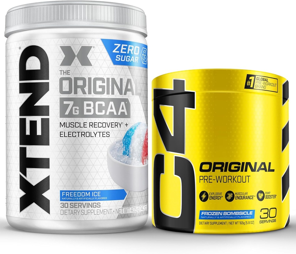 Cellucor Pre Workout & BCAA Bundle, C4 Original Pre Workout Powder, Frozen Bombsicle, 30 Servings + XTEND BCAA Powder, Freedom Ice, 30 Servings