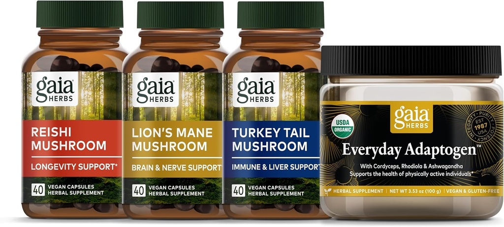 Gaia Herbs Magnificent Mushrooms Kit - Reishi Mushroom, Lion's Mane Mushroom, Turkey Tail Mushroom, Everyday Adaptogen
