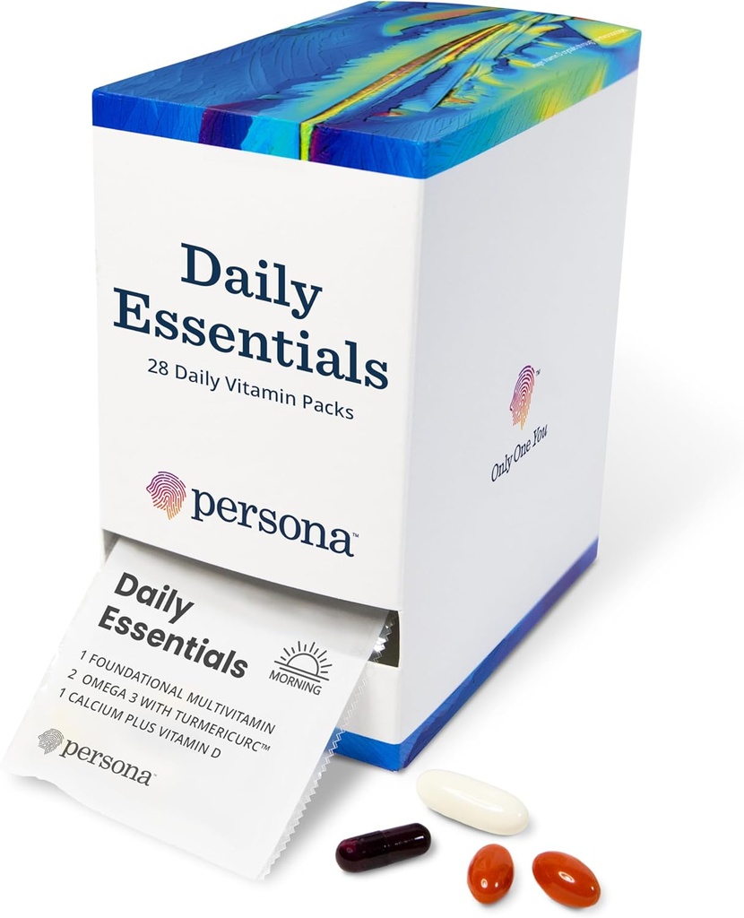 Persona Nutrition Daily Essentials Multivitamin Pack for Women & Men (28 Pack) – Includes Omega 3 with Turmeric, Calcium, Vitamin D & Complete Adult Multivitamin