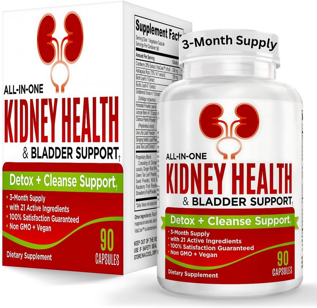 Kidney & Bladder (3-Month) Health Support Supplement | All-in-1 Urinary Tract Supplements with 21 Active Ingredients | Kidney Cleanse Detox Support Nutrients | 90-Day Bulk Supply | 90 Capsules
