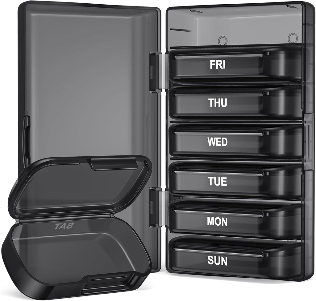 PULIV Weekly Pill Organizer with Large Capacity, Dual Protection Pill Box 7 Day, Arthritis Friendly Pill Case Easy to Open, Medicine Organizer for Vitamins, Medications, Fish Oils, Supplements (Black)