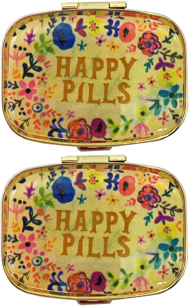 2 Packs Vintage Pill Organizers Metal Retro Pill Boxes Cute Pill Cases for Purse/Pocket Portable Compact to Hold Vitamins/Tylenol/Supplements/Meds/Tablet(Happy Pills with Mirror Inside)