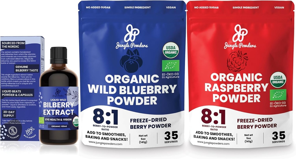 Wild Bilberry Extract Organic Blueberry Powder USDA Organic Raspberry Powder Bundle Blueberries Raspberries Powdered Whole Berry for Baking Bilberry Supplement for Eyes