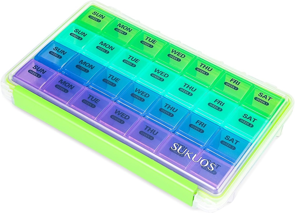 Sukuos Monthly Pill Organizer 4 Week, Large Pill Box Moisture/Dust-Proof Cases for Month Vitamin/Fish Oil/Supplements with Clear Lid, Easy to Open & Clean