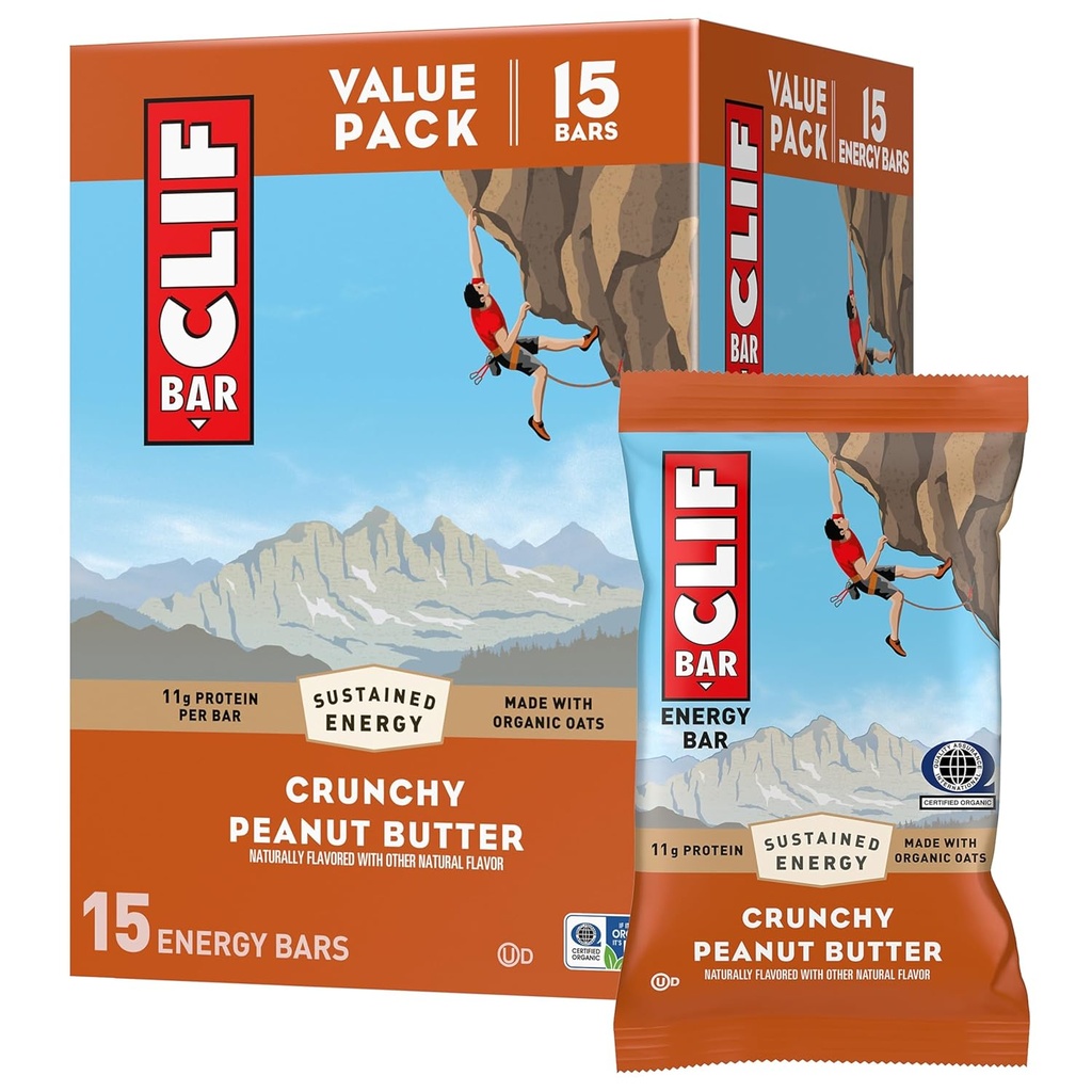 CLIF BAR - Protein Bars - Crunchy Peanut Butter - Made with Organic Oats - Energy Bars - Non-GMO (15 Pack)