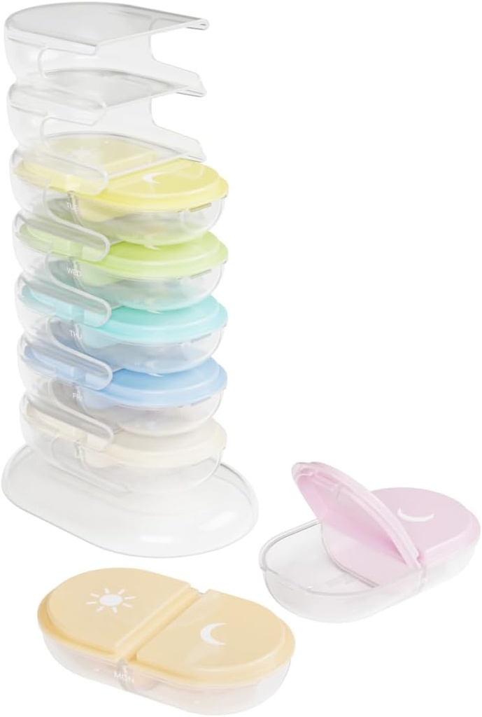 EZY DOSE Weekly (7-Day) AM/PM Pill Organizer Tower, Stackable Medication Dispenser, Portable Travel Pill Box with Morning & Evening Compartments, Easy-to-Use Daily Vitamin Storage Case, Rainbow