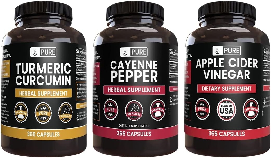 PURE ORIGINAL INGREDIENTS Cayenne Pepper, Turmeric Curcumin, Apple Cider Vinegar Bundle (365 Capsules)