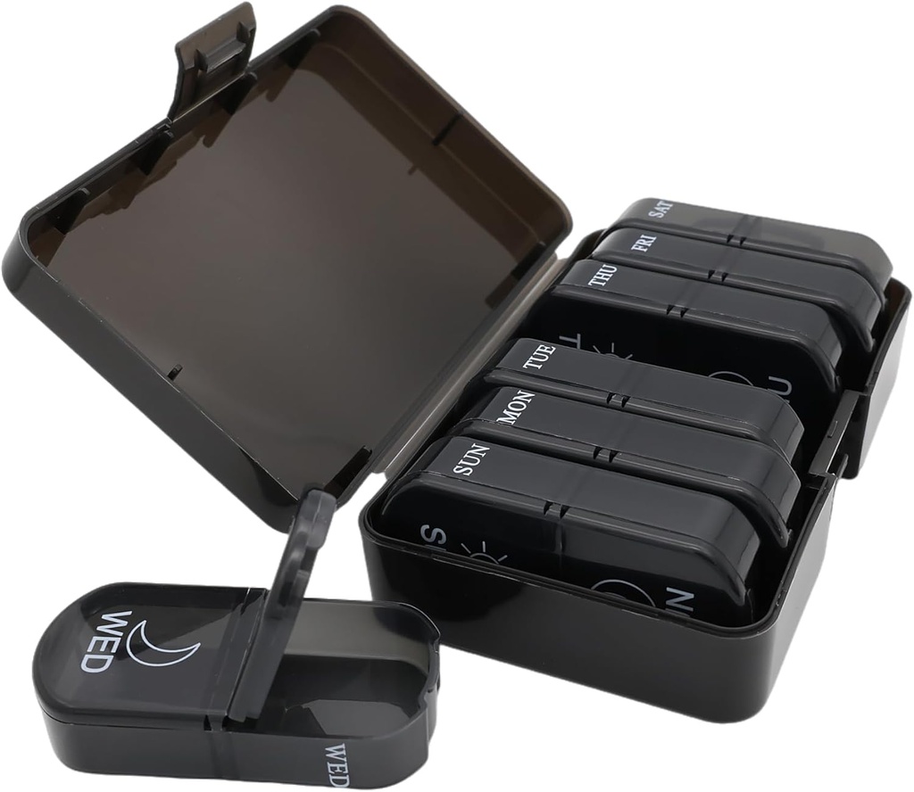 7 Day Pill AM PM Daily Organizer, ShysTech Pill Case Pill Box for Pills/Vitamin/Supplements/Medication (Black)