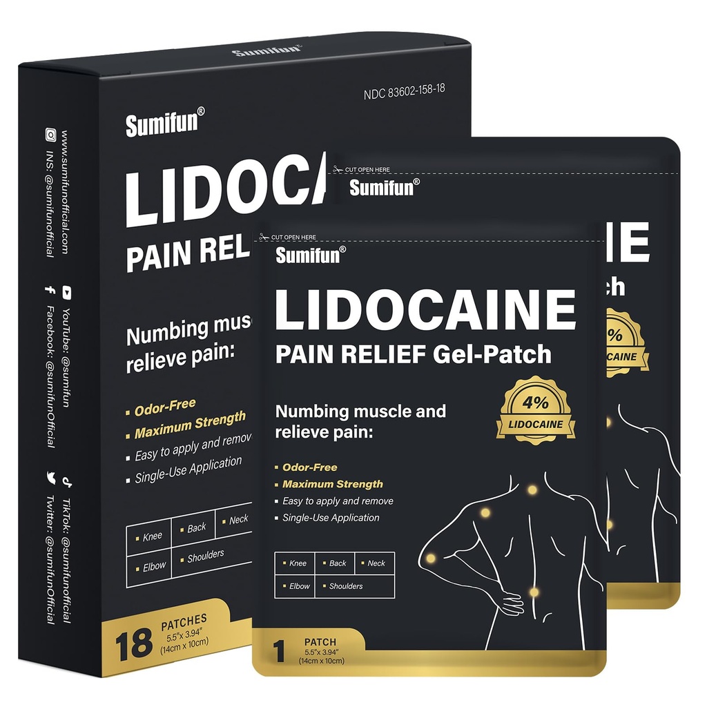 Sumifun 4% Lidocaine Patches, Long Lasting Plaster Patch for Knee, Shoulder, Muscle, Joints with Natural Ingredients, Extended Patch with Lidocaine (Large, Count, 18)