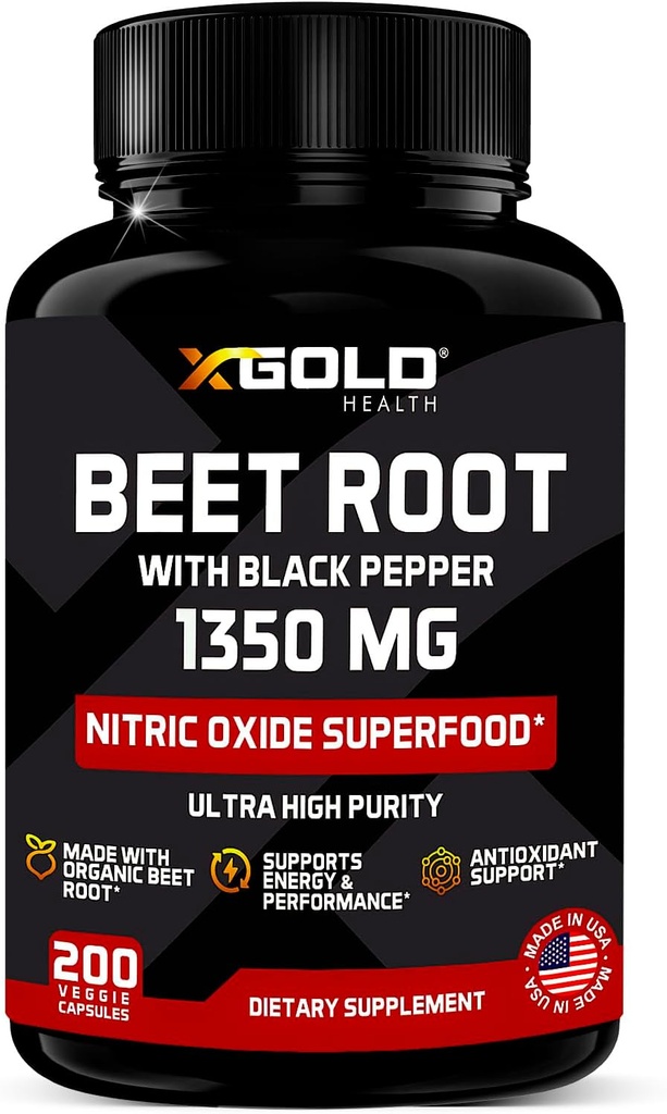 Organic Beet Root Beet Capsules 1350 mg 200 Veggie caps Superfood Nitric Oxide Strongest Premium Supplement Natural Nitrates | Black Pepper for Best Benefits | Non-GMO, & Gluten-Free | Made in USA