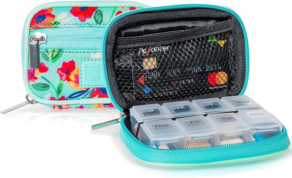 Made Easy Kit Pill Case for Everyday and Travel - 7-Day Weekly Medicine Supplement Vitamin Organizer Sorter Tracker - Neoprene Bag with Pockets - Compact Portable 8 Compartments (Teal)