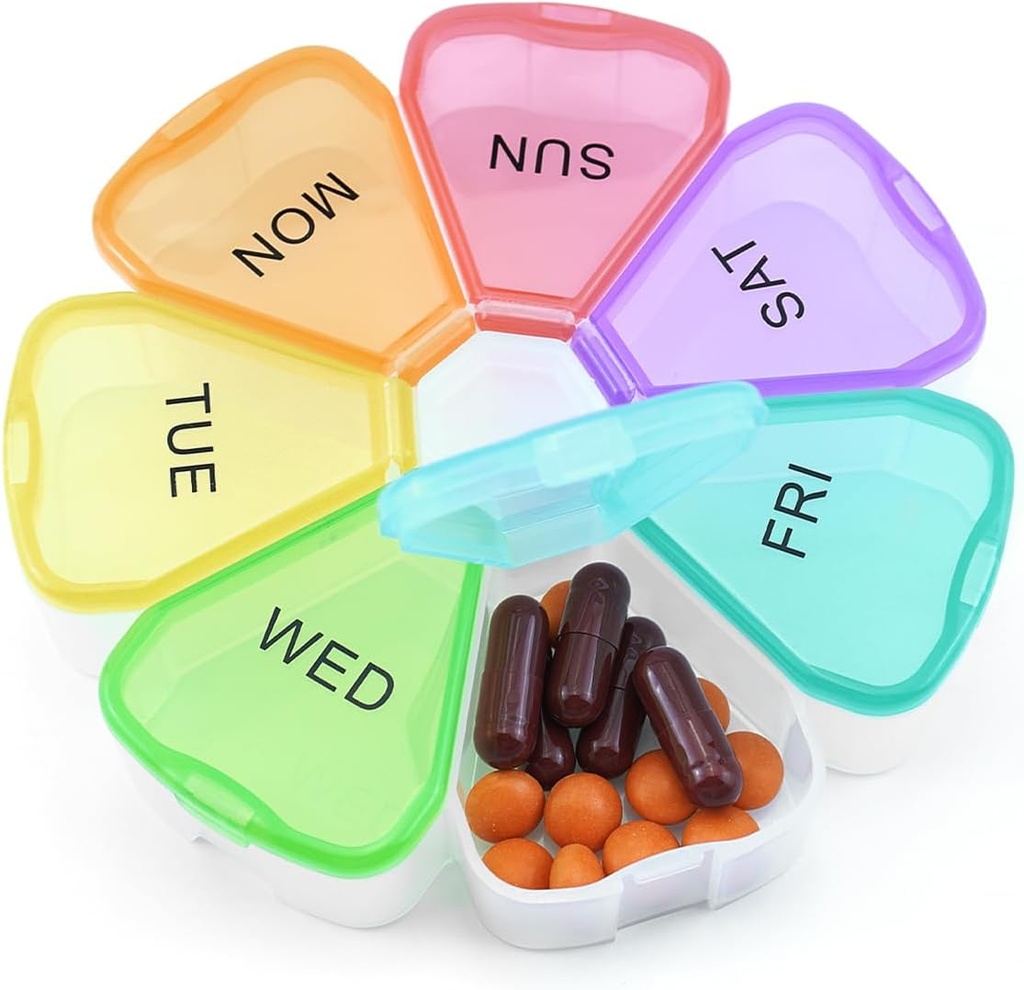 Quacc Cute Weekly Pill Organizer Travel 7 Day Portable Round Floral Pill Case Box Pill Container Medcine Holder for Large Vitamin Fish Oil Pill Medication Supplement Storage - Rainbow