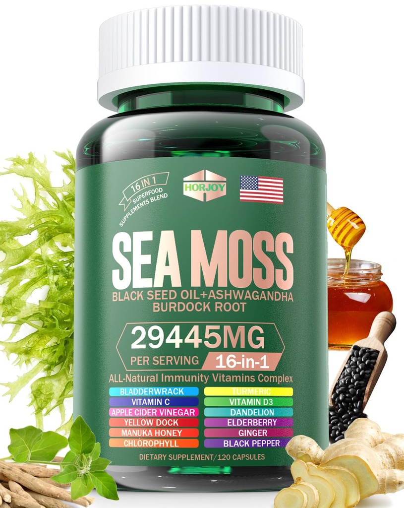 Sea Moss 12000mg Black Seed Oil 6000mg Ashwagandha 3000mg Turmeric 1000mg Bladderwrack 2000mg Burdock 3000mg & Vitamin C & D3 with Elderberry Manuka Dandelion Yellow Dock Iodine Chlorophyll ACV