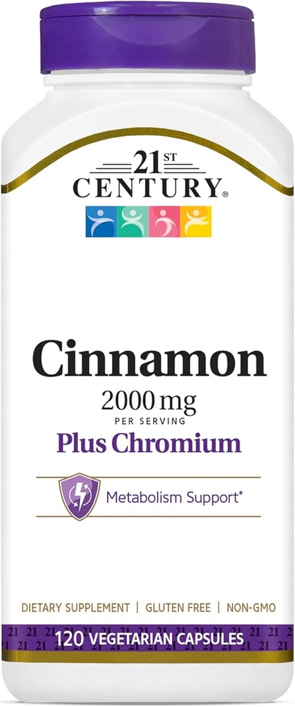 21st Century 2000 mg Cinnamon Plus Chromium Vegetarian Capsules (120 Count), Cinnamon Supplements Supports Healthy Metabolism, Gluten-Free, Non-GMO, No Added Preservatives or Artificial Flavors