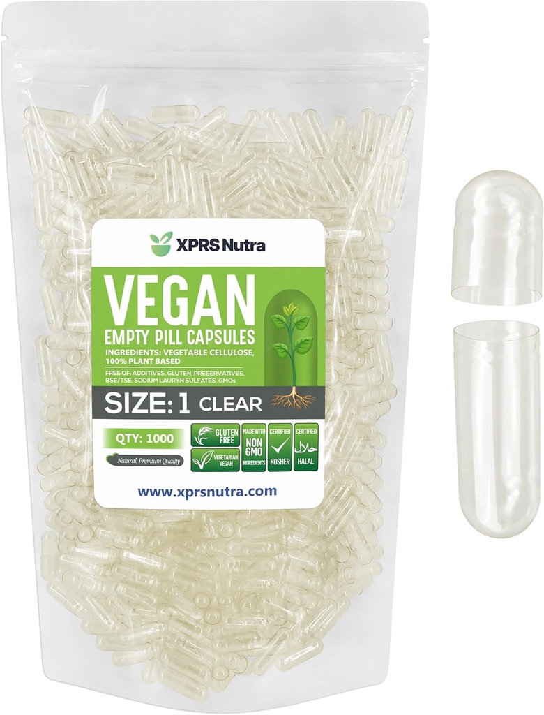 XPRS Nutra Size 1 Empty Capsules - 1000 Count Clear Empty Vegan Capsules - Vegetarian Pills - DIY Vegetable Capsule Filling- Veggie Pill Caps for Do-It-Yourself Supplements