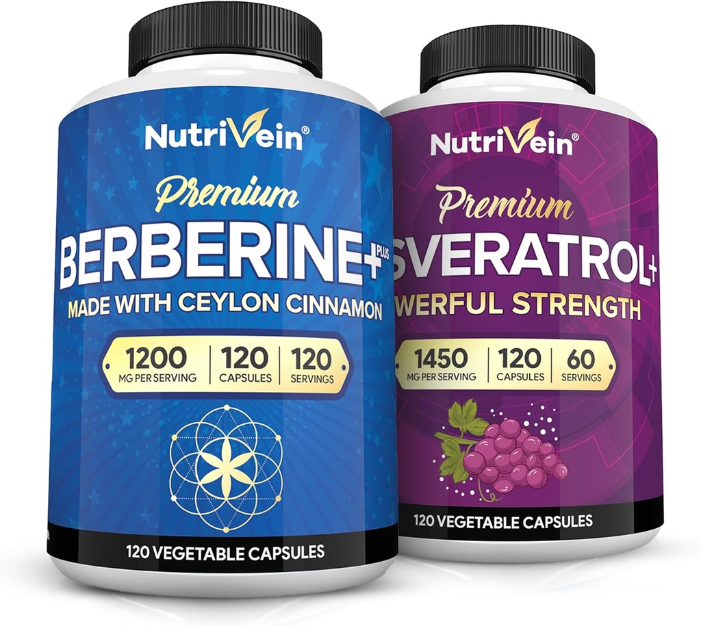 Nutrivein Premium Berberine HCL 1200mg & Resveratrol Bundle - with Ceylon Cinnamon & Antioxidant with Acai Berry - Weight Management & Immune Plus Joint Support - Non-GMO, Vegan/Vegetarian - 120 Caps