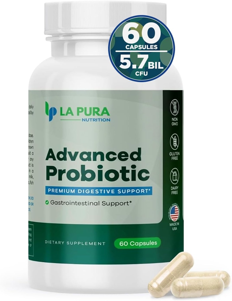 LaPura Advanced Probiotic - Premium Digestive Support for Gut & Immune Health, 60 Capsules - 5.75 Billion CFU Probiotics Including DE111 Strain (Bacillus subtilis) - Non-GMO, Gluten-Free, Made in USA