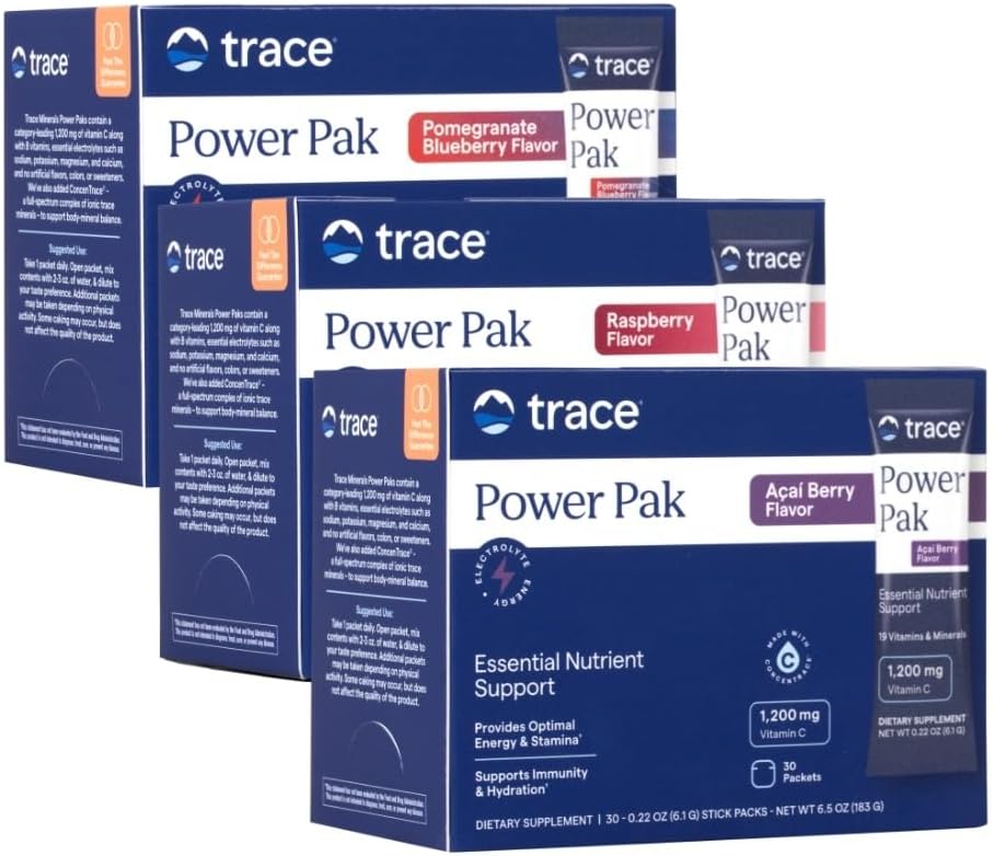 Trace Minerals Power Pak Multivitamin and Multimineral Packets - Electrolyte Support - 1200 mg Vitamin C Plus 70 Raspberry, Acai Berry and Blueberry Pomegranate Variety - 90 Packets