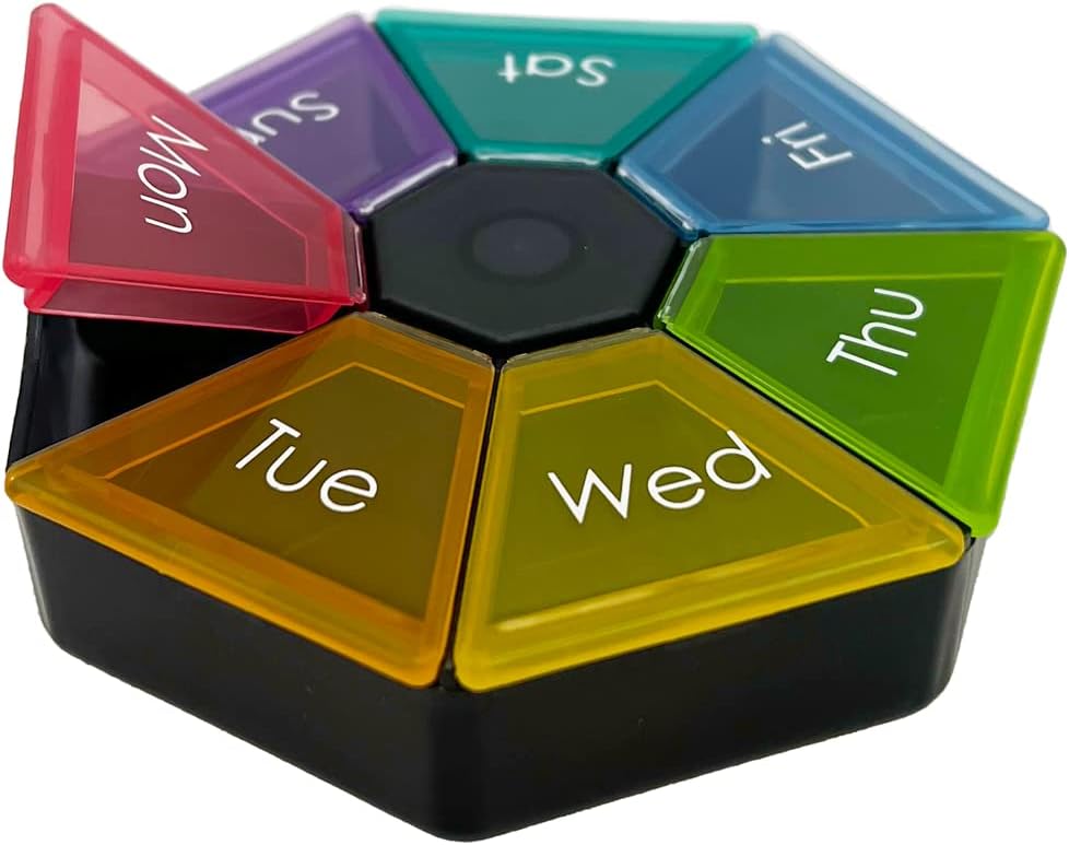 EZY DOSE Weekly Pill Organizer and Planner, Travel Pill Planner, 7-Sided, Rainbow Colors