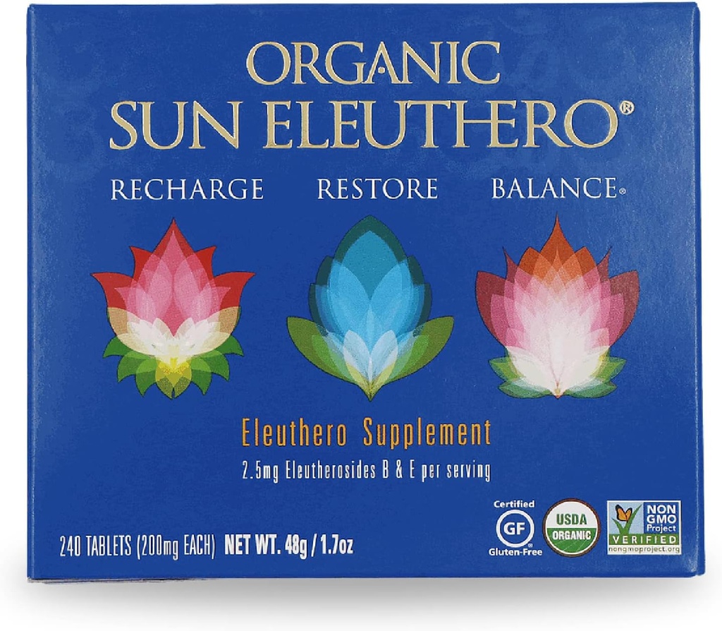 Sun Chlorella Organic Sun Eleuthero Root 200mg Herbal Adaptogen - Natural Energy, Stamina Support Supplement - Vegan Siberian Eleuthero - 240 Tablets