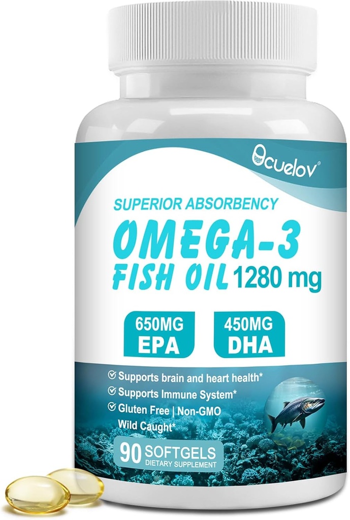 Omega 3 Fish Oil Supplements,Triple Strength Omega 3 Nutritional Supplement with 650mg EPA 450mg DHA Per Serving - Brain, Eye, Heart & Immune Health Support - 90 Softgels (45 Serv)