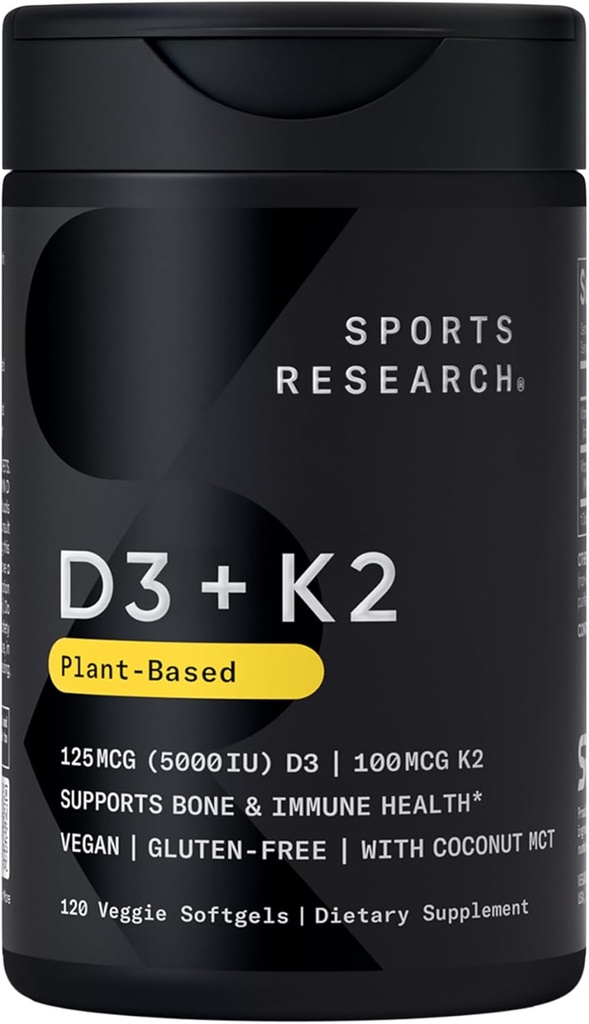 Sports Research Vitamin D3 with K2 Softgels - Plant Based K2 & Vegan D3 5000iu with Coconut MCT Oil - Vegan Certified, Soy & Gluten Free - 120 Count