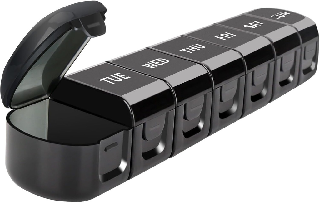 Daily Pill Organizer, 7 Compartments Detachable Medicine Box Container, Black, Travel Size Vitamin Planner Reminder, Portable Meds Storage 7-Day Holder for Medication, Fish Oils, Supplements