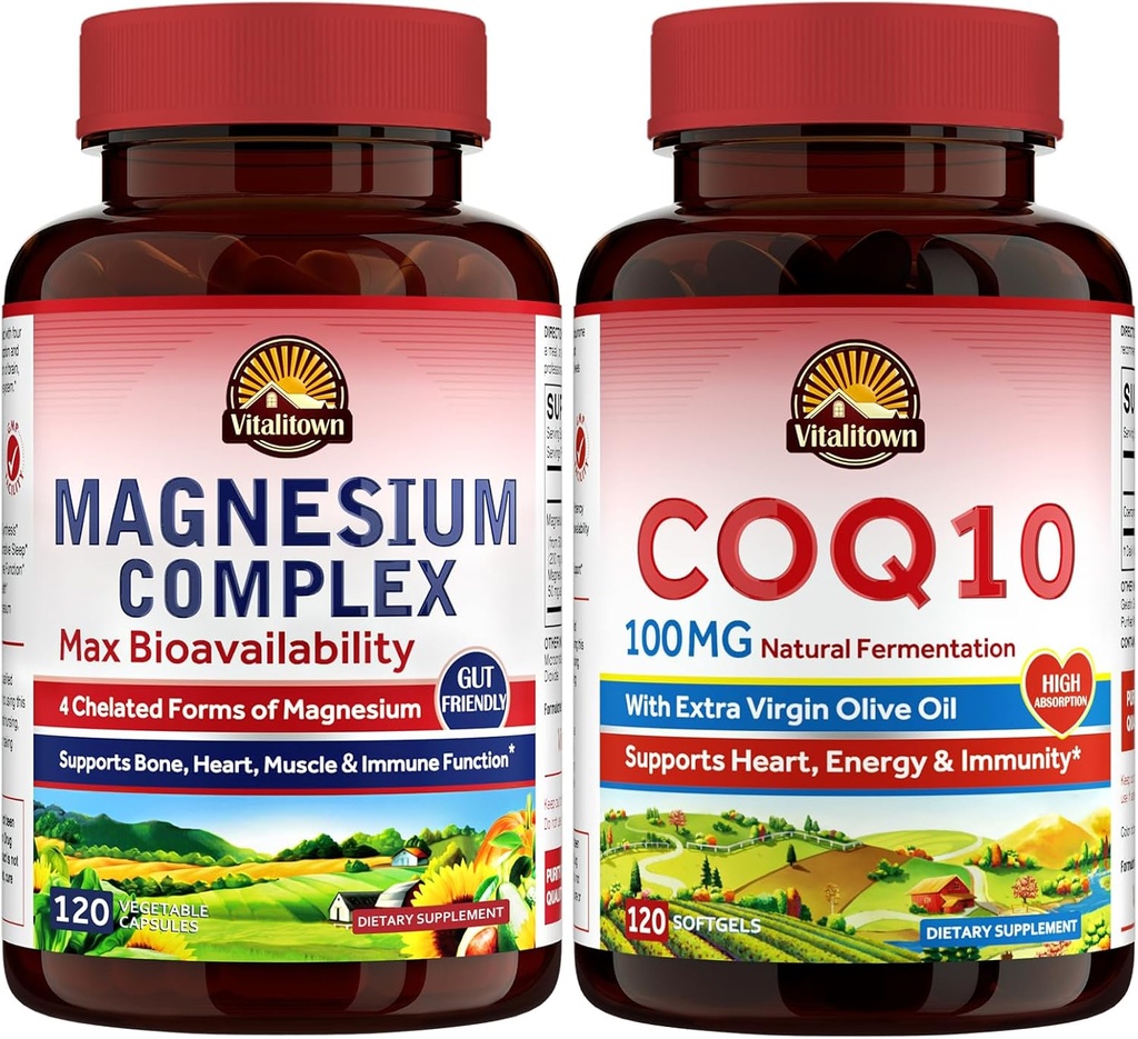 Vitalitown Heart Health Bundle (Pack of 2) | Magnesium 4-in-1 Complex (Item 1) & CoQ10 100 MG (Item 2) | 120 Magnesium Capsules & 120 CoQ10 Softgels