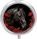 Black Horse on A Background of Red Roses Pill Case 3 Compartment Portable Pill Box Daily Round Pill Organizer for Pocket Purse Daily Medicine Container to Hold Vitamins Fish Oil Travel Gifts