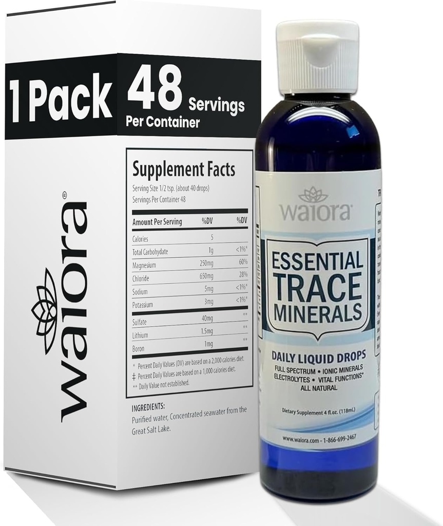 Waiora Essential Trace Minerals | Help Replenish Lost/Depleted Mineral | 60+ Ionic Trace Minerals | Support Body’s Vital Functions, pH Balance | Plus Electrolytes for Hydration (1 Bott / 48 serv)