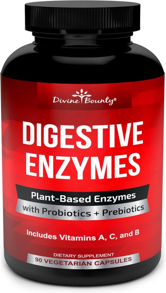 Divine Bounty Digestive Enzymes with Probiotics & Prebiotics with Lipase, Amylase, Bromelain - Support a Healthy Digestive Tract for Men and Women – 90 Vegetarian Capsules