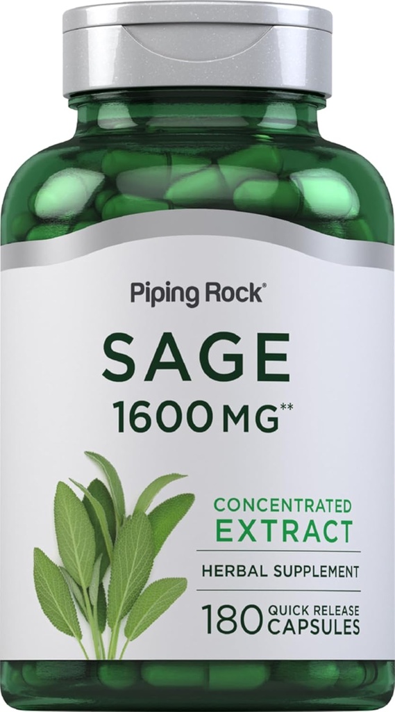 Piping Rock Sage Supplement for Women and Men | 1600mg | 180 Capsules | Herb Leaf Extract | Non-GMO, Gluten Free