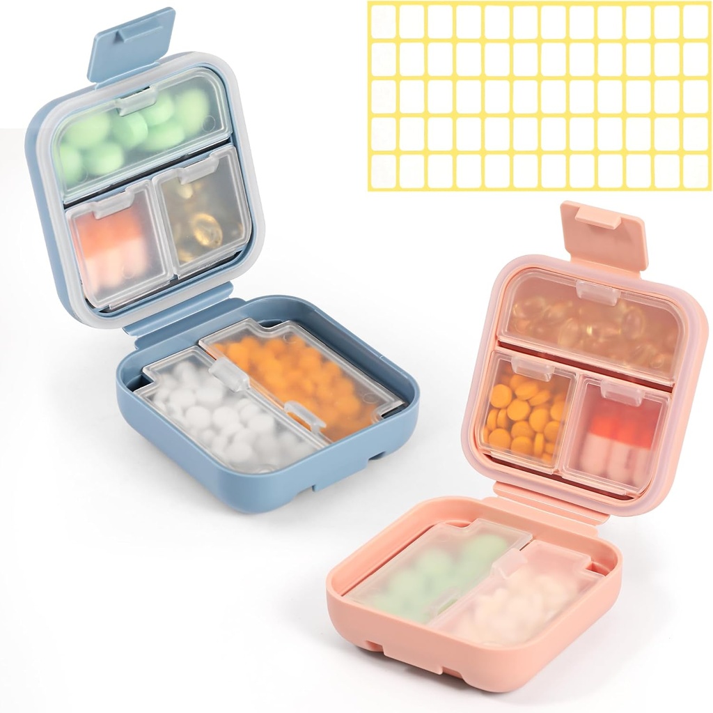 Dynippy Daily Pill Organizer 5 Compartments Portable Moisture Proof Small Pill Case for Pocket Purse Travel Pill Box Portable Medicine Vitamin Fish Oil Holder Container (Blue Pink)