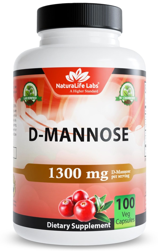 NaturaLife Labs Organic D-Mannose 1300mg + Organic Cranberry Extract 100mg per Serving – Urinary Tract Support – Non-GMO, Gluten-Free & Vegan – 100 Capsules