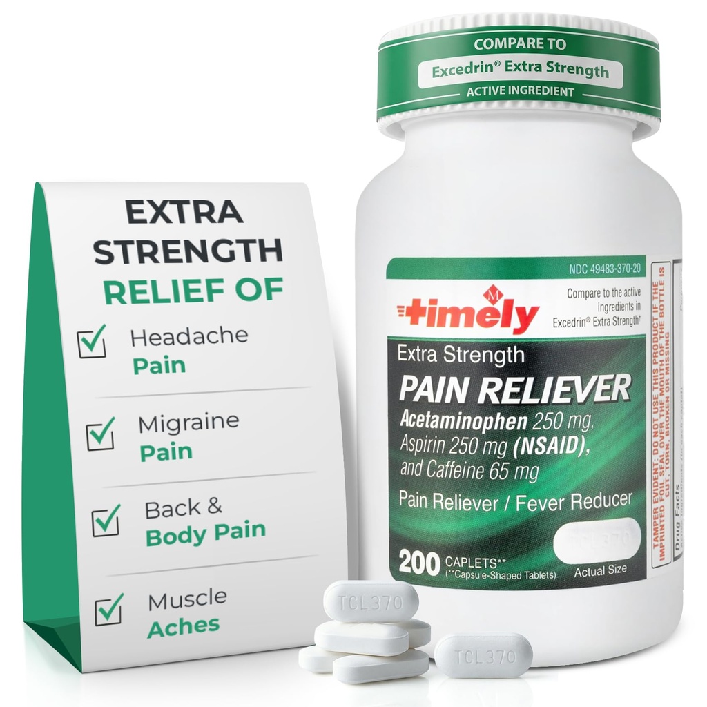 TIME-Cap Labs Extra Strength Acetaminophen 250mg with Aspirin 250mg & Caffeine 65mg Caplets - Triple Action Pain Reliever for Migraines & Headache Relief, Muscle Aches & Body Pain (200 Count)